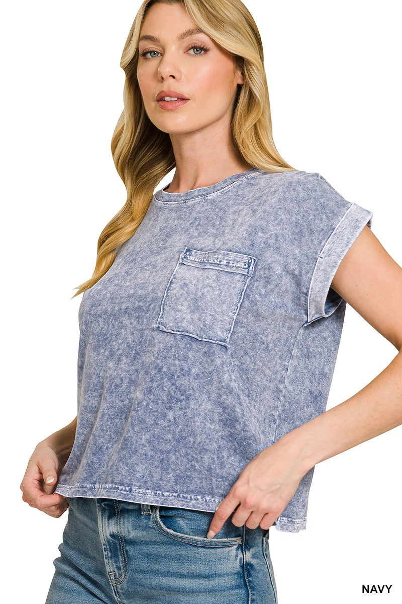 zenana-halo-snow-washed-cotton-cuffed-short-sleeve-top-1 image 1
