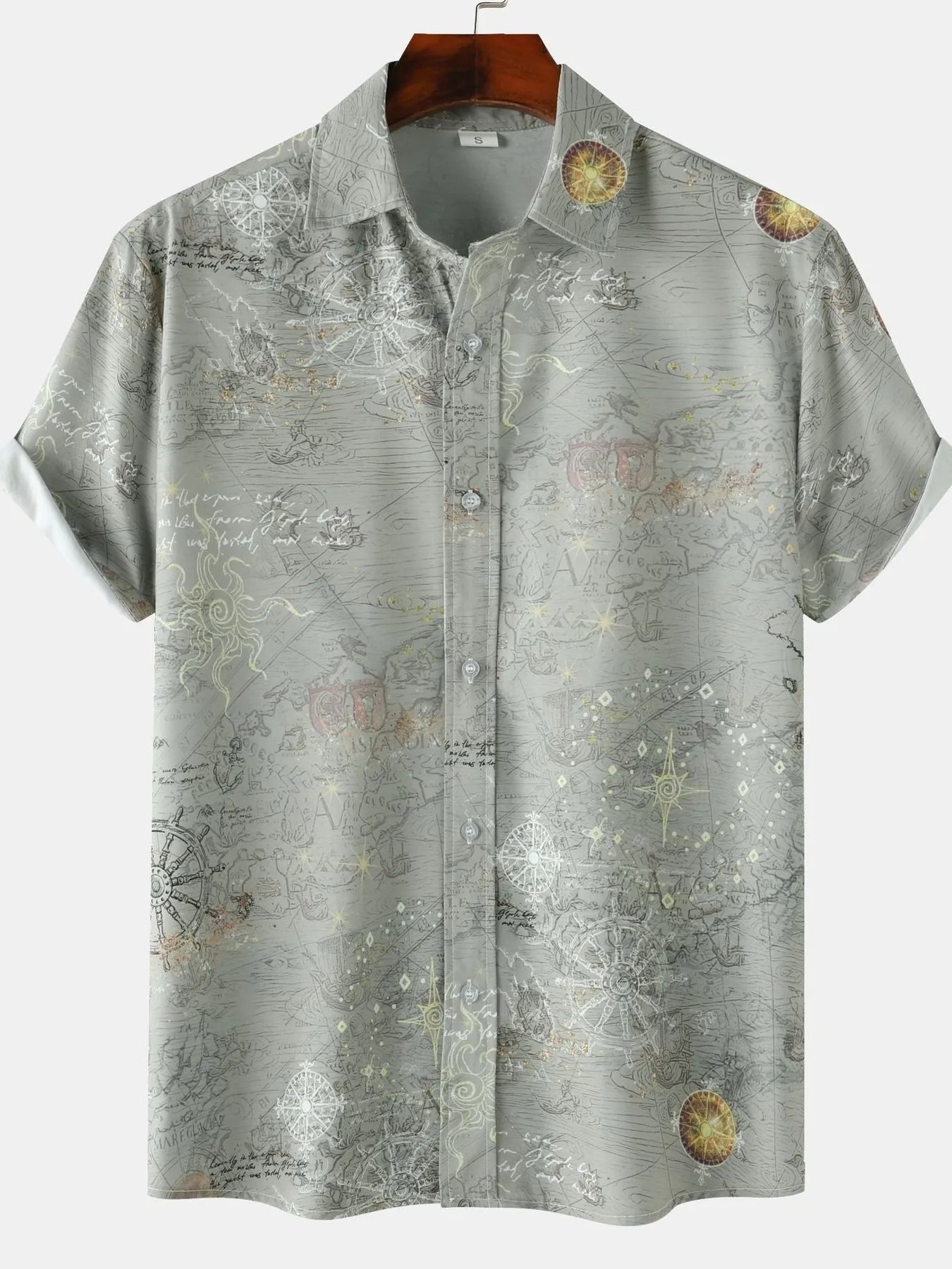 Men's Vintage Map Print Short Sleeve Button Down Shirt | Tampa Bay Discounts