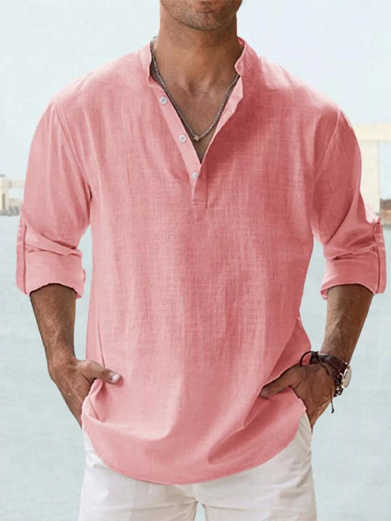 Men's Full Size Casual Button Detail Roll-Up Sleeve Blouse Plus Size | Tampa Bay Discounts