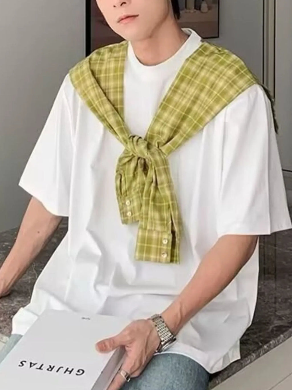 Men's Full Size Oversized T-Shirt with Plaid Shawl Plus Size | Tampa Bay Discounts