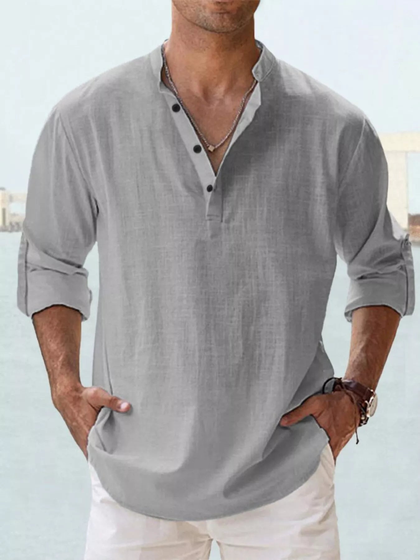 Men's Full Size Casual Button Detail Roll-Up Sleeve Blouse Plus Size | Tampa Bay Discounts