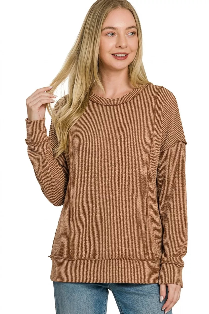 zenana-corded-rib-long-sleeve-round-neck-top-2 image 1