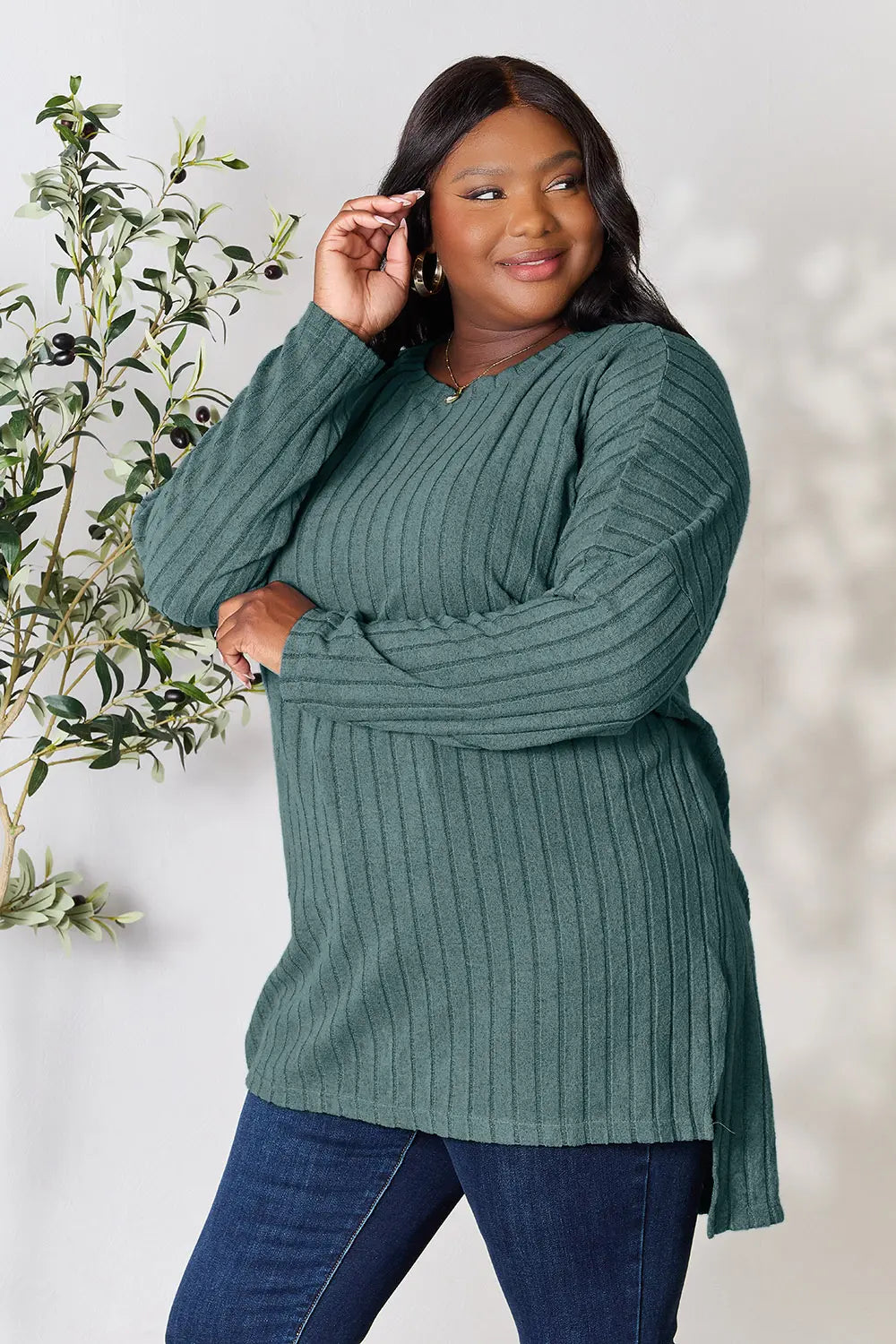 basic-bae-full-size-ribbed-round-neck-long-sleeve-slit-top image 16