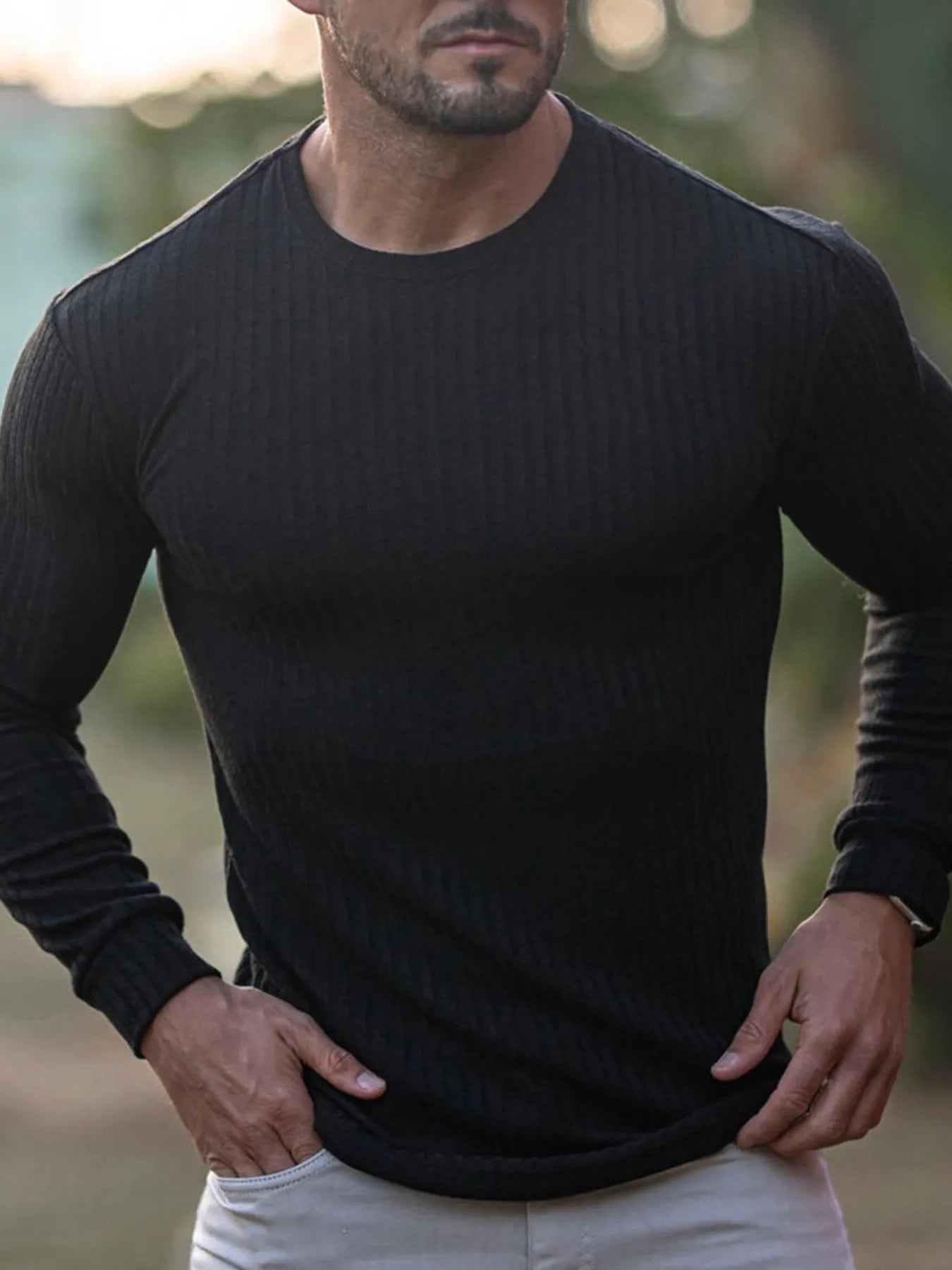 Men's Ribbed Round Neck Long Sleeve T-Shirt | Tampa Bay Discounts
