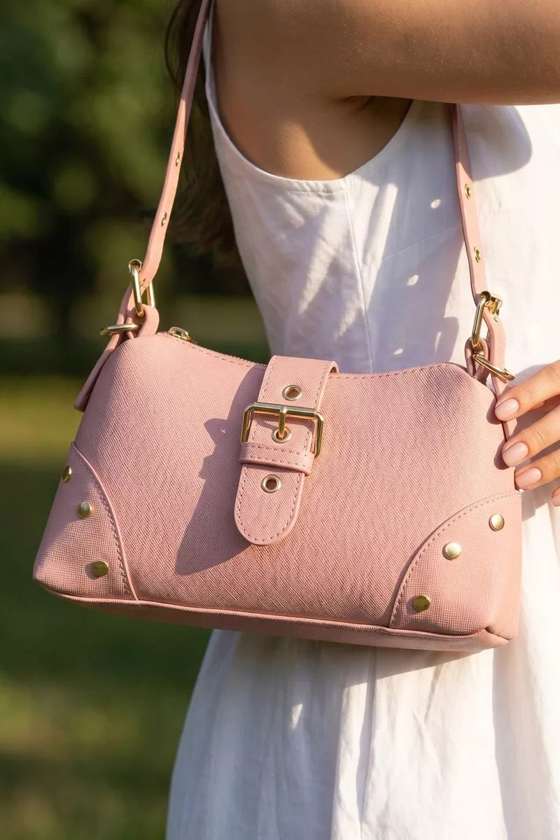 fame-studded-saffiano-buckle-strap-shoulder-bag 1