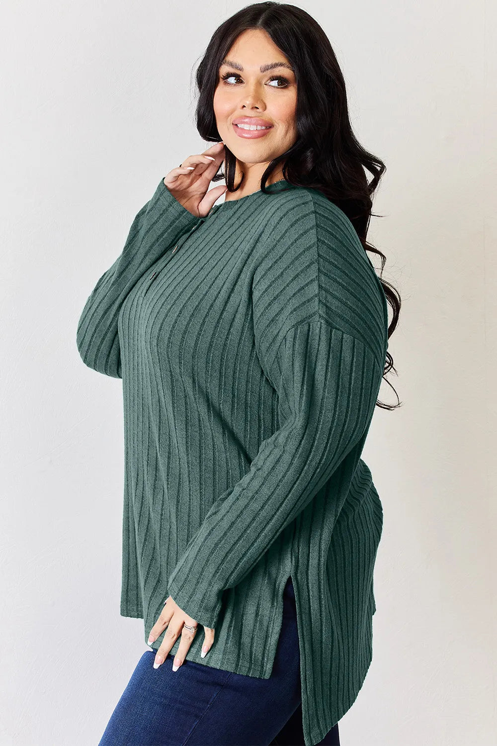 basic-bae-full-size-ribbed-half-button-long-sleeve-high-low-t-shirt image 13