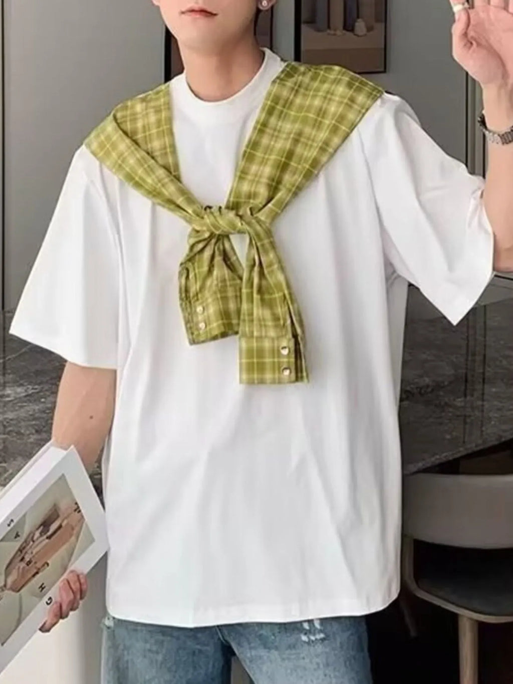 Men's Full Size Oversized T-Shirt with Plaid Shawl Plus Size | Tampa Bay Discounts