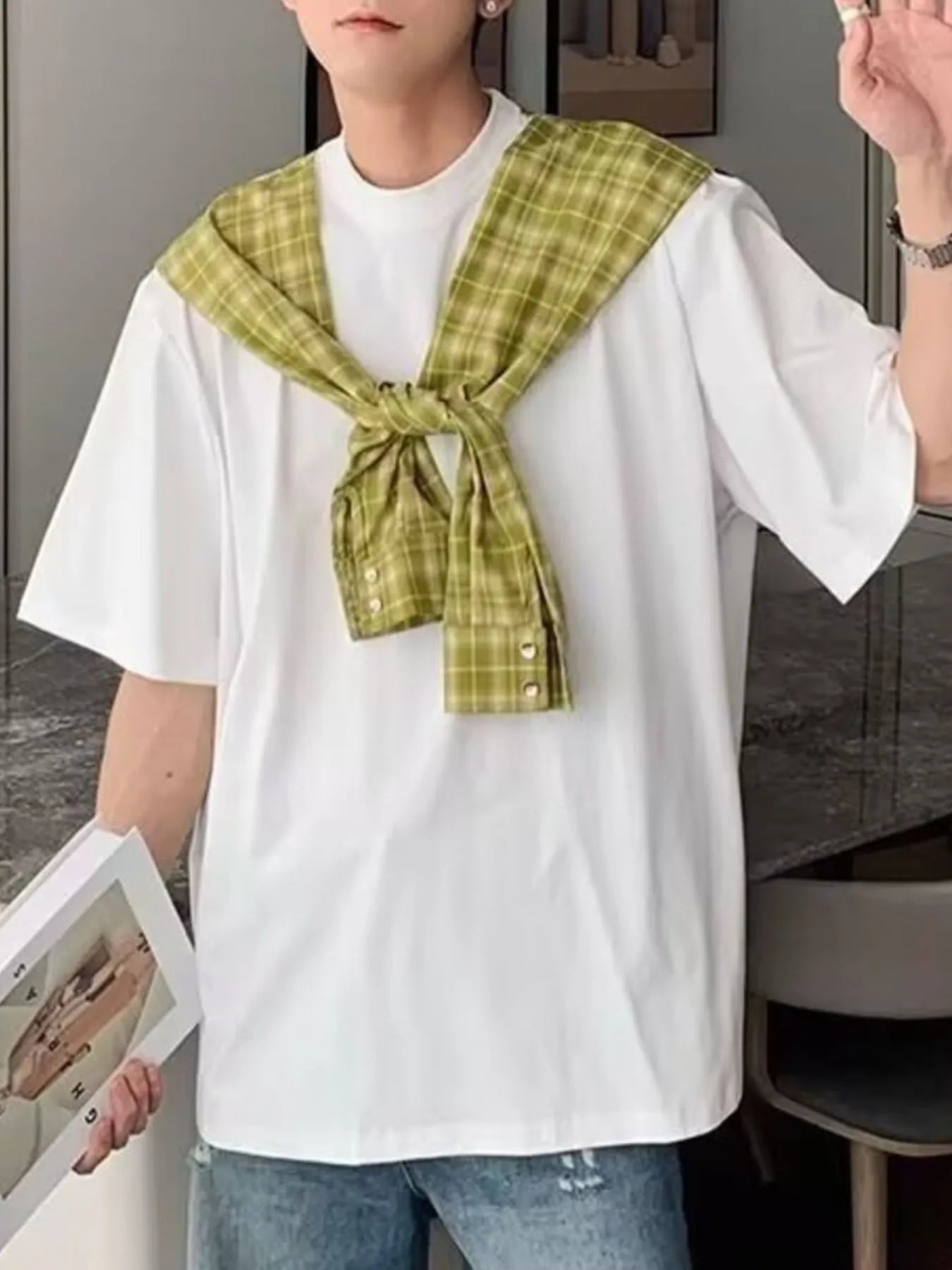 Men's Full Size Oversized T-Shirt with Plaid Shawl Plus Size | Tampa Bay Discounts