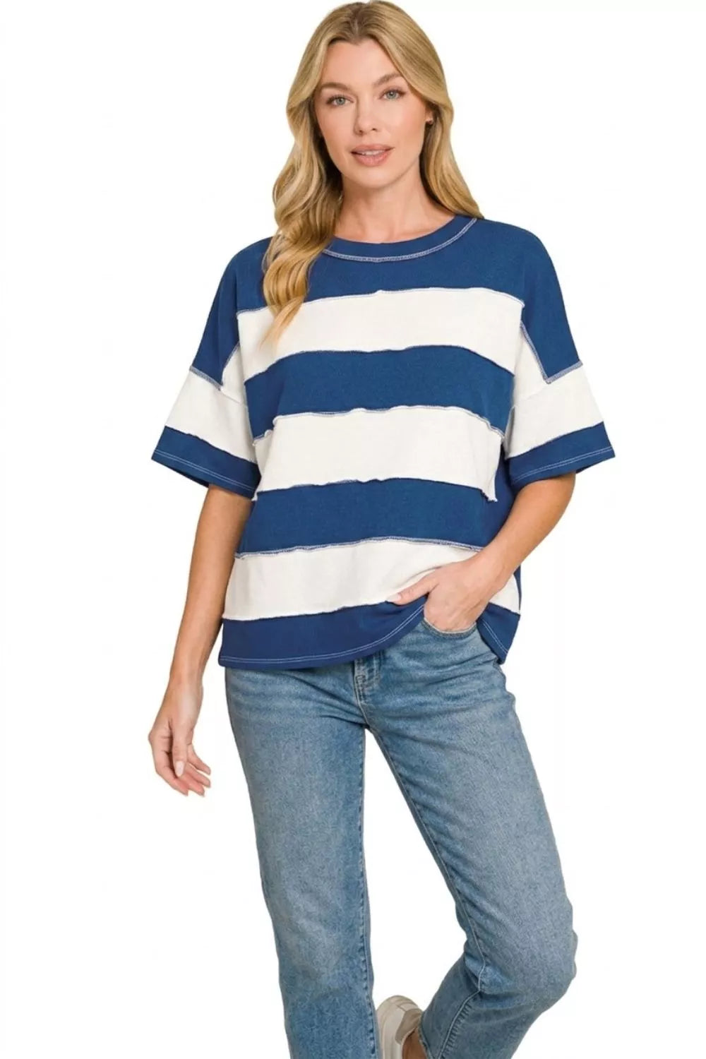 zenana-french-terry-striped-exposed-seam-top-2 image 3
