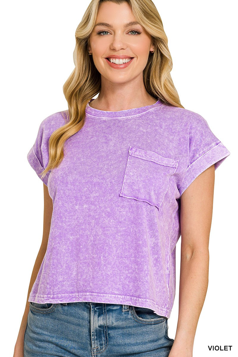 zenana-halo-snow-washed-cotton-cuffed-short-sleeve-top image 1