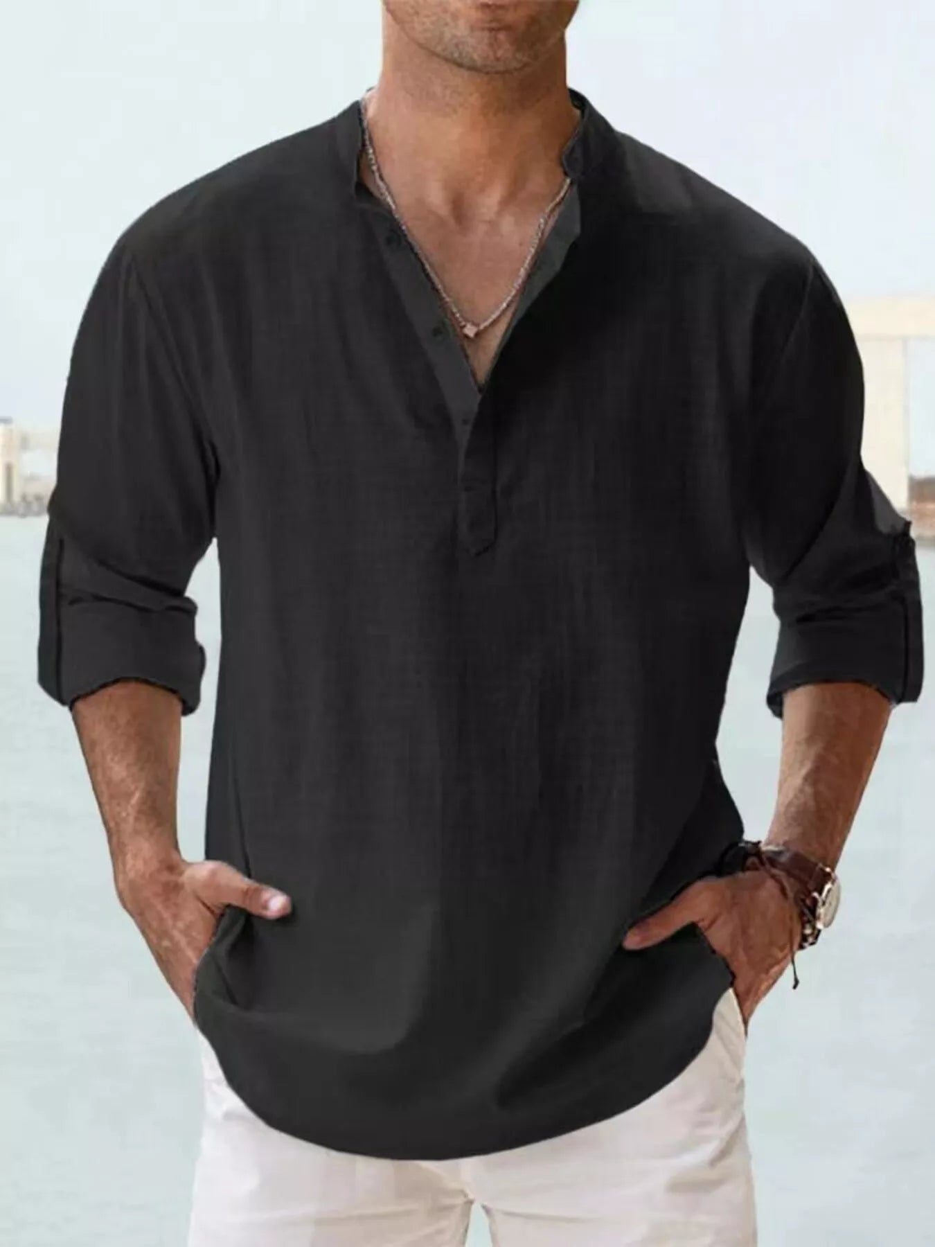 Men's Full Size Casual Button Detail Roll-Up Sleeve Blouse Plus Size | Tampa Bay Discounts