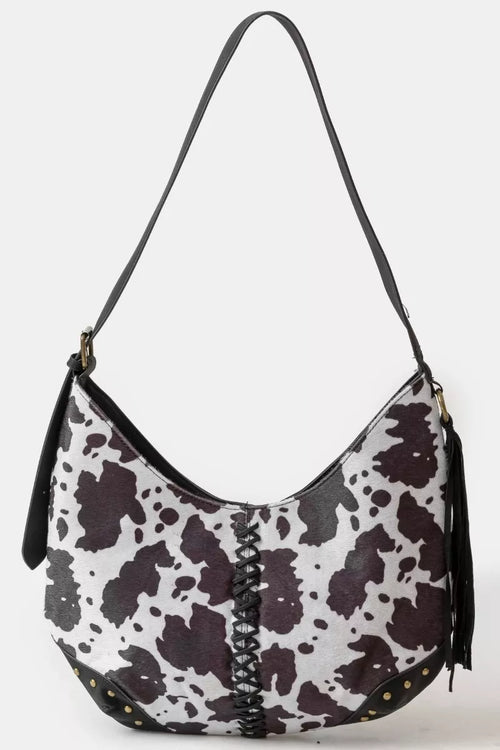 fame-cow-print-hobo-shoulder-bag-with-studded-details 1