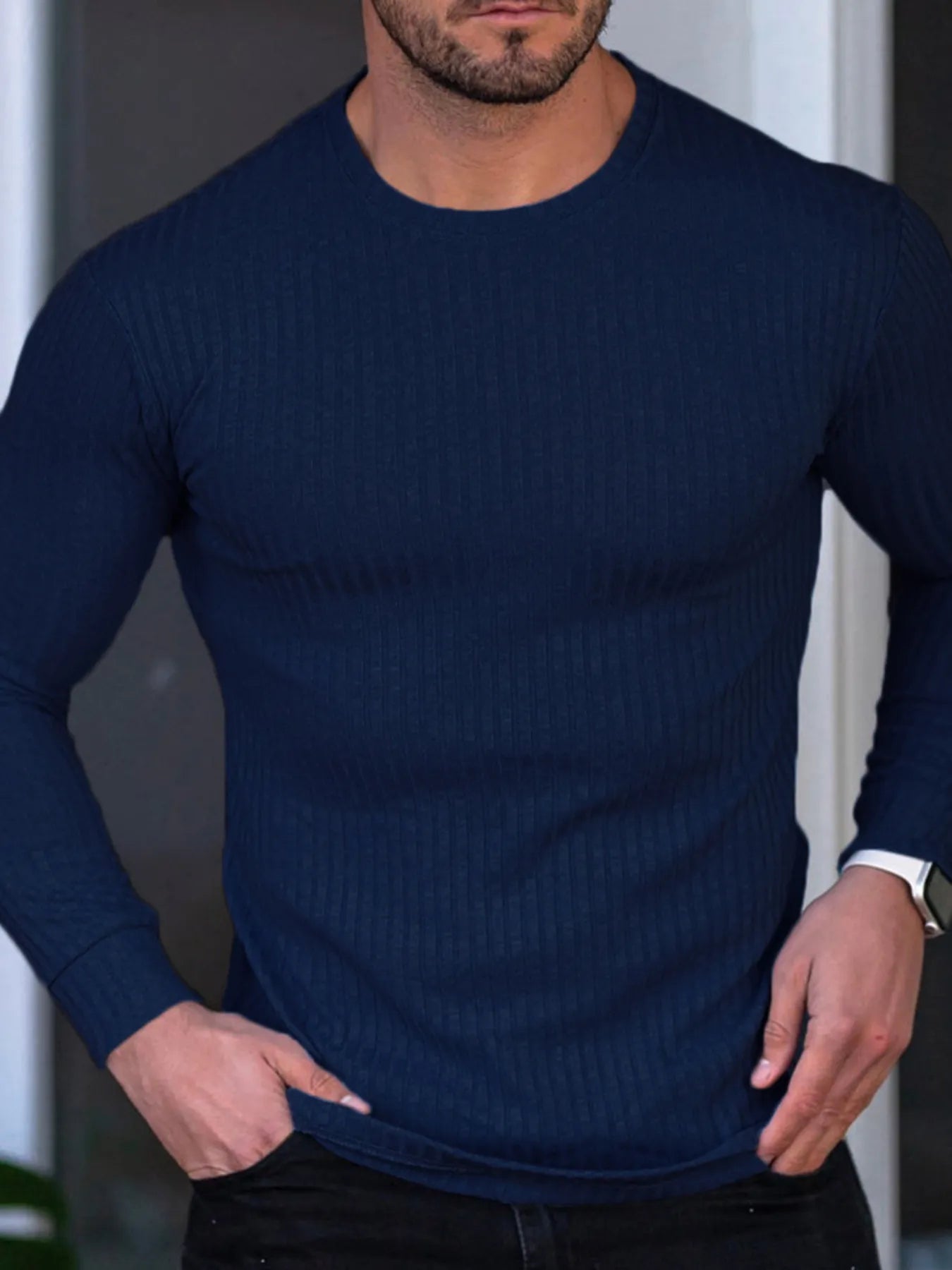 Men's Ribbed Round Neck Long Sleeve T-Shirt | Tampa Bay Discounts
