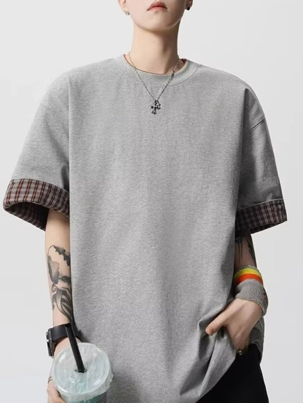 Men's Plaid Trim Round Neck Short Sleeve T-Shirt | Tampa Bay Discounts