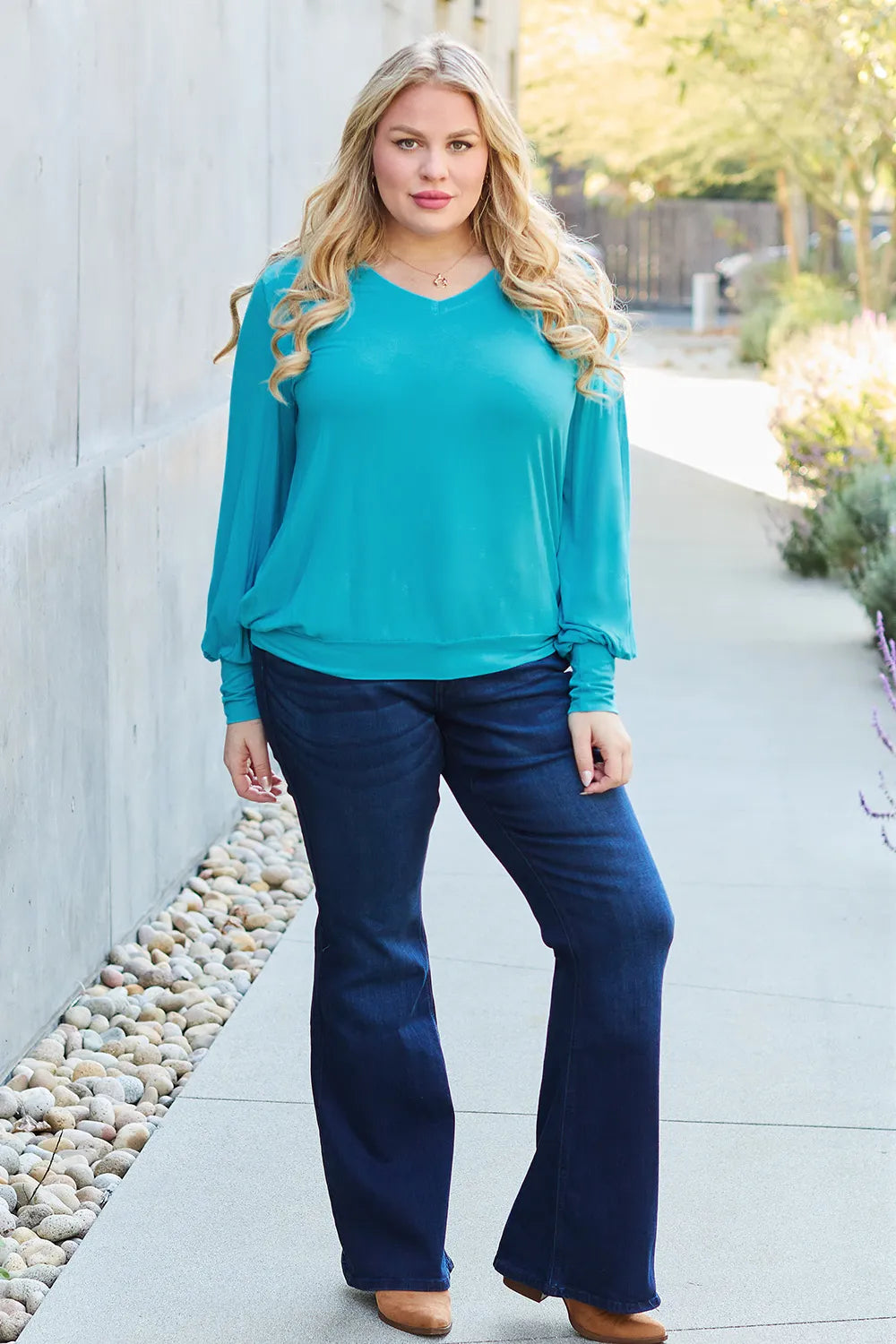 basic-bae-full-size-v-neck-lantern-sleeve-top image 7