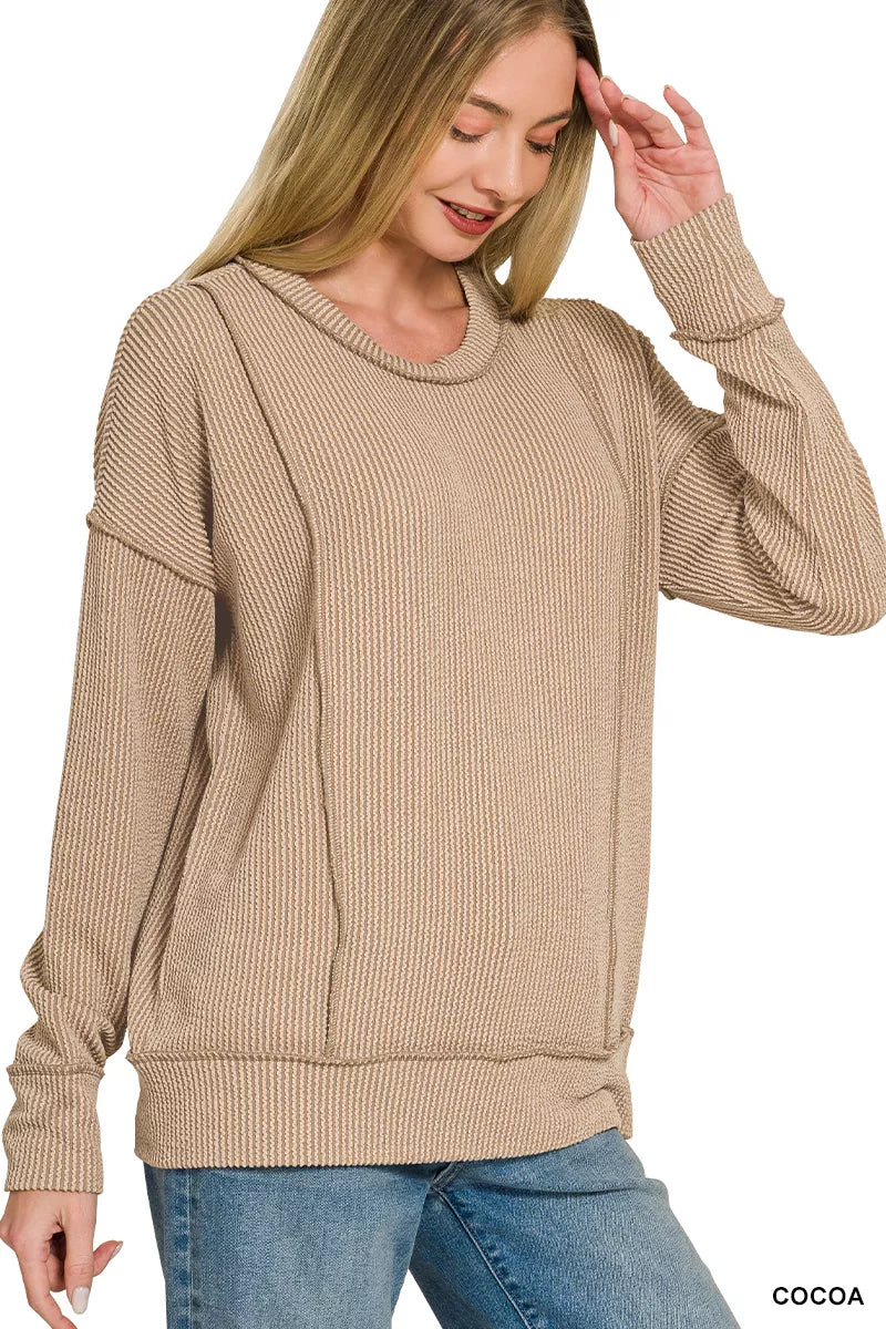 zenana-corded-rib-long-sleeve-round-neck-top image 1