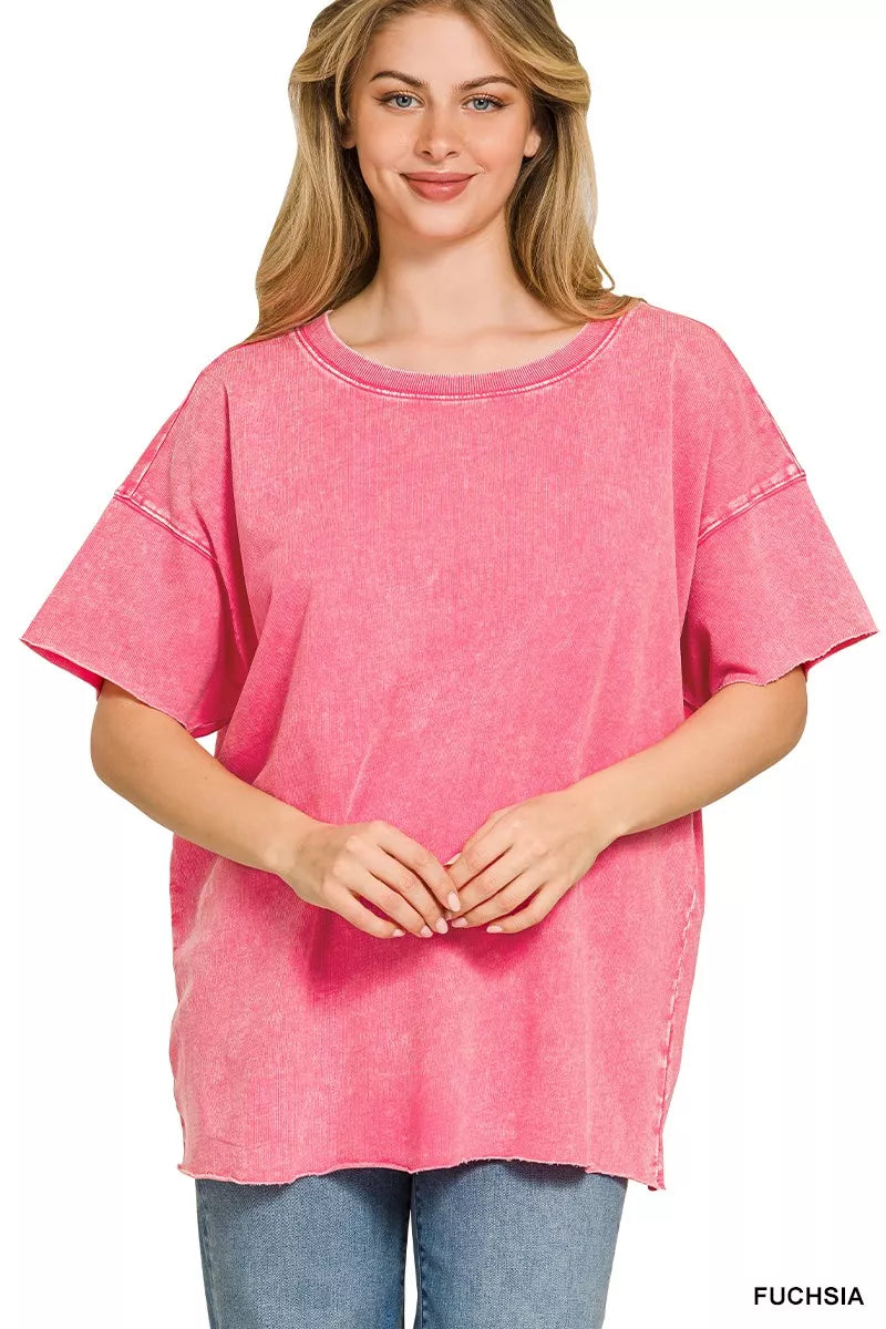 zenana-acid-wash-french-terry-drop-shoulder-raw-edge-top image 1