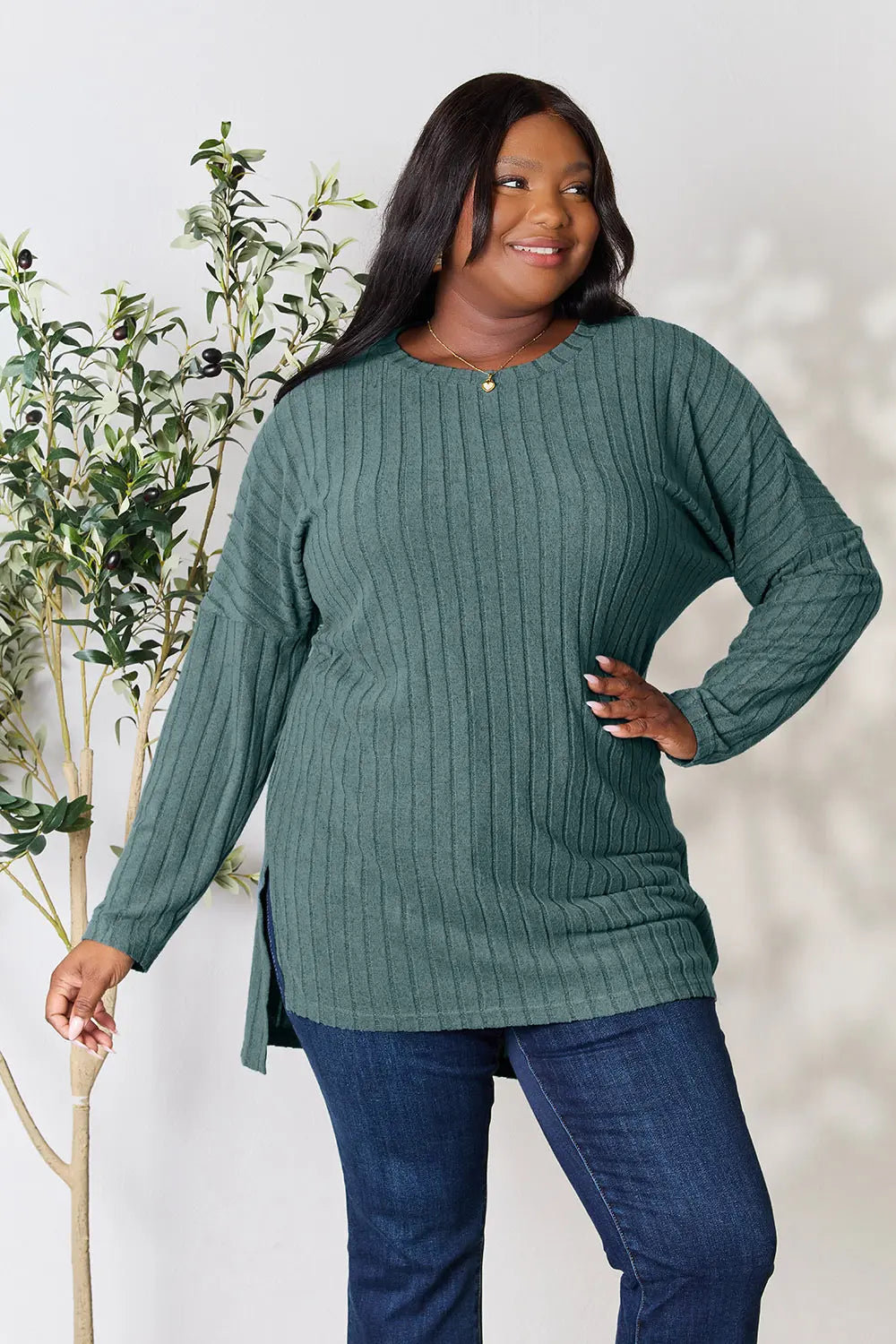 basic-bae-full-size-ribbed-round-neck-long-sleeve-slit-top image 15