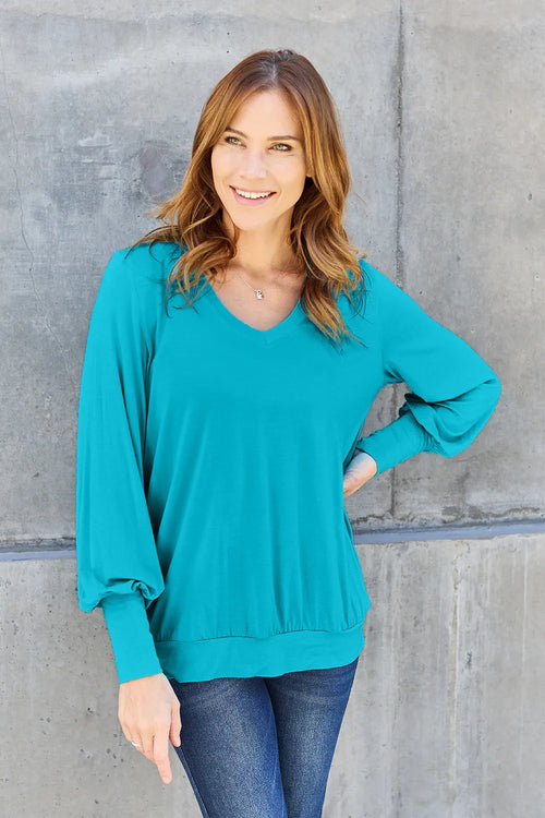 basic-bae-full-size-v-neck-lantern-sleeve-top image 1