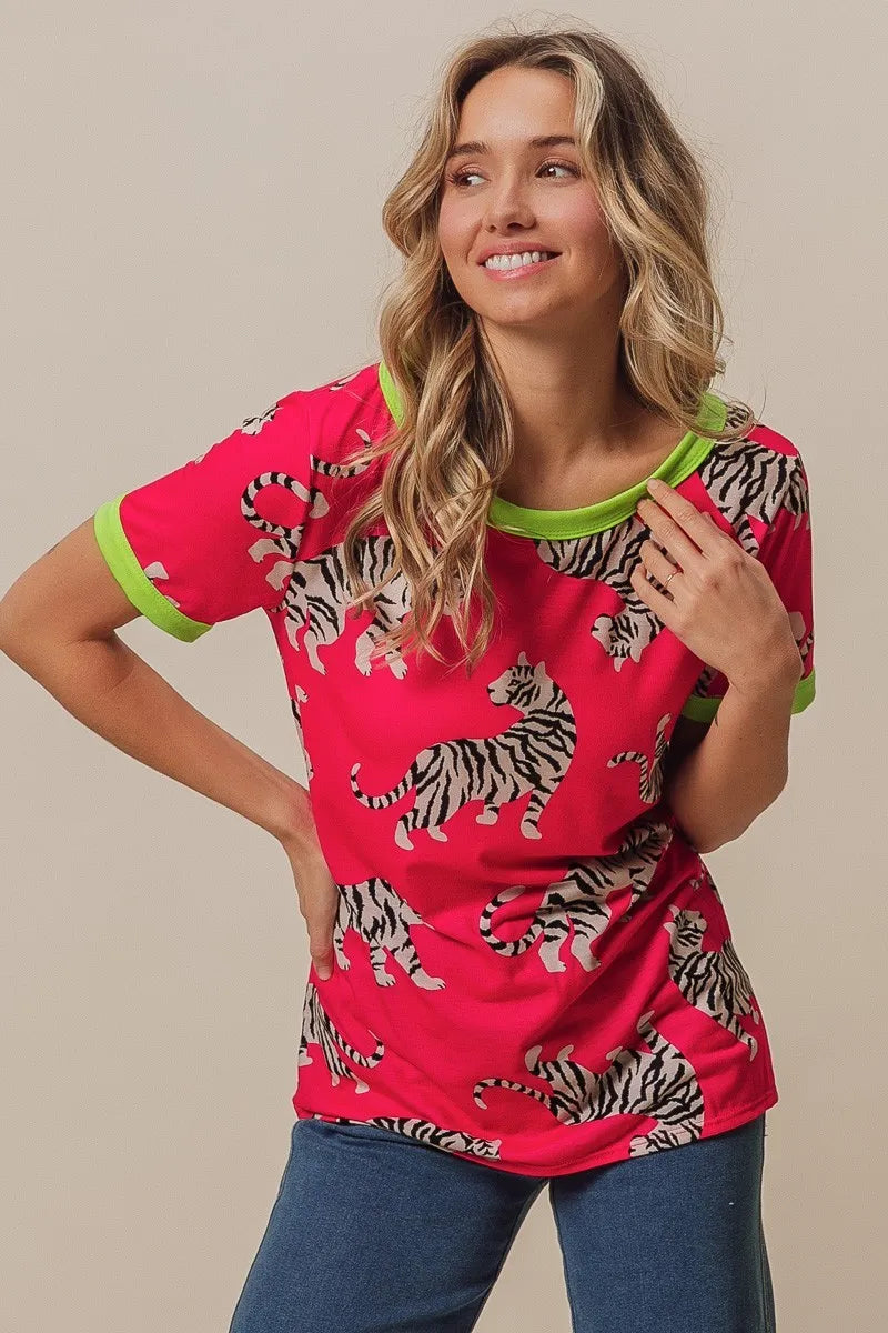 bibi-big-tiger-print-jersey-contrast-ringer-top image 1
