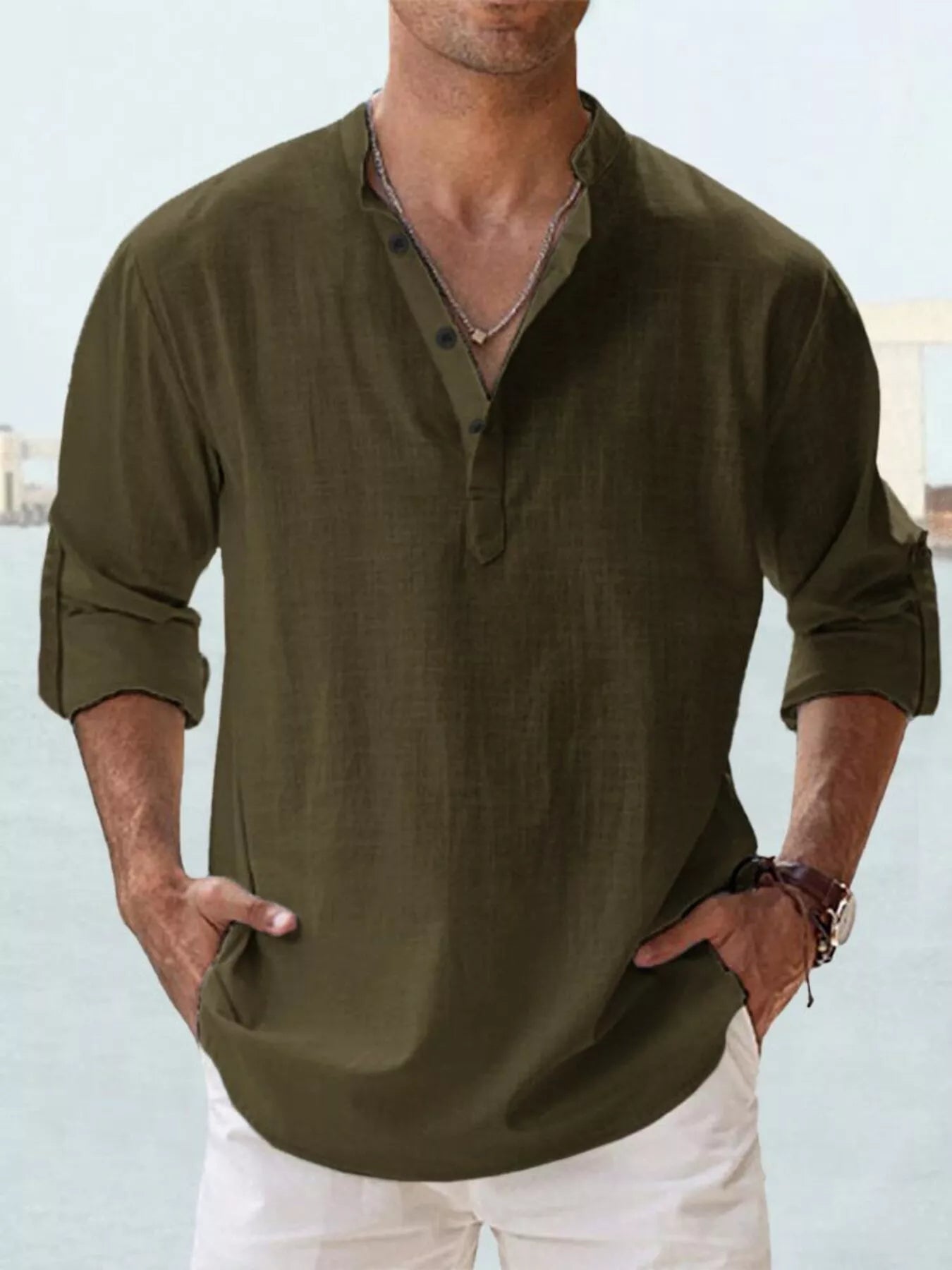 Men's Full Size Casual Button Detail Roll-Up Sleeve Blouse Plus Size | Tampa Bay Discounts