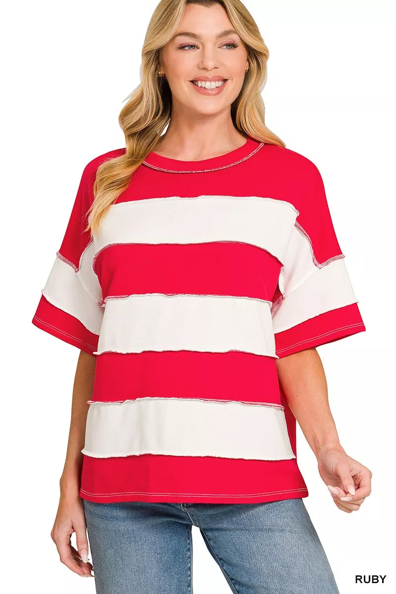 zenana-french-terry-striped-exposed-seam-top image 1