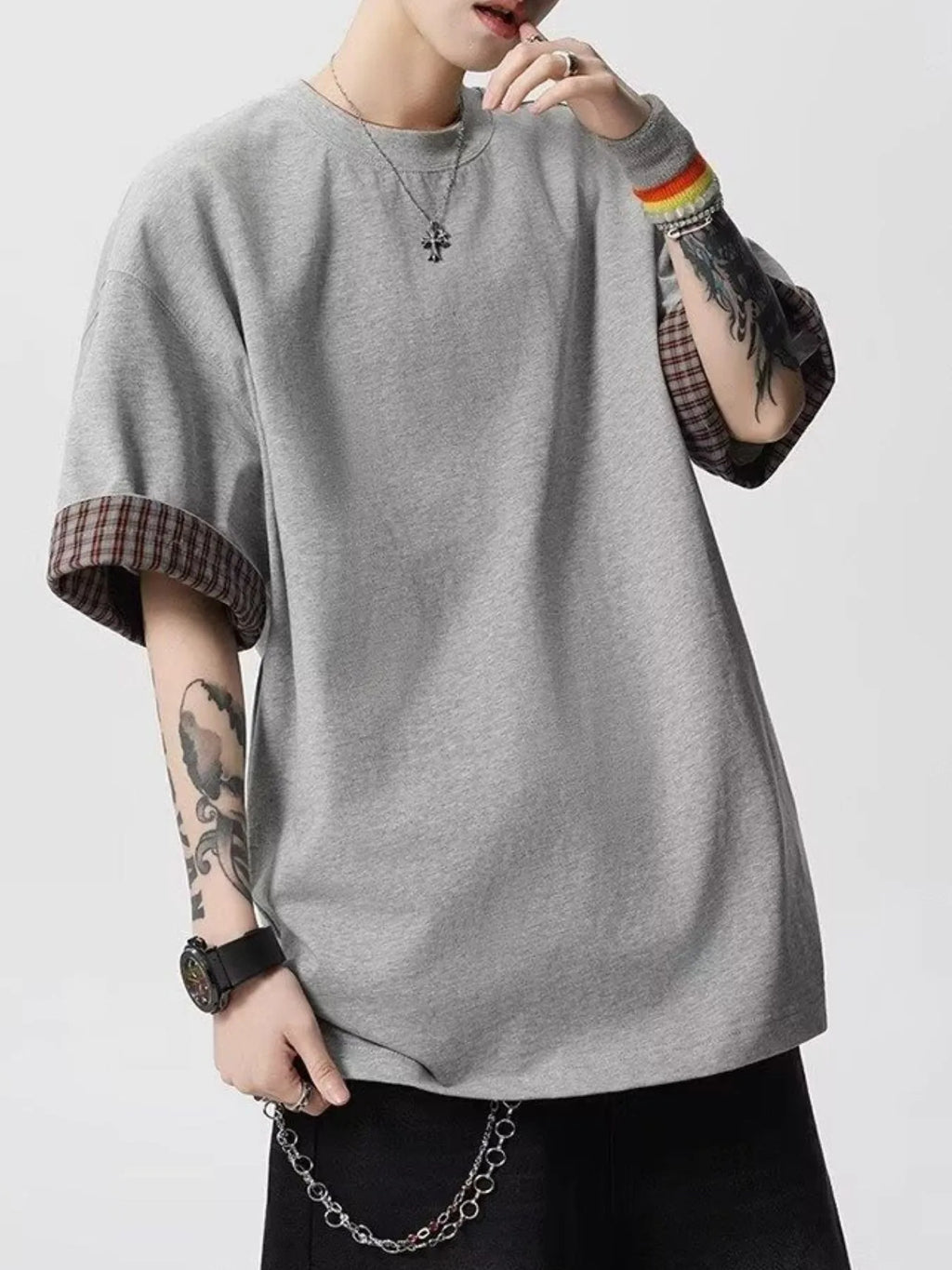Men's Plaid Trim Round Neck Short Sleeve T-Shirt | Tampa Bay Discounts