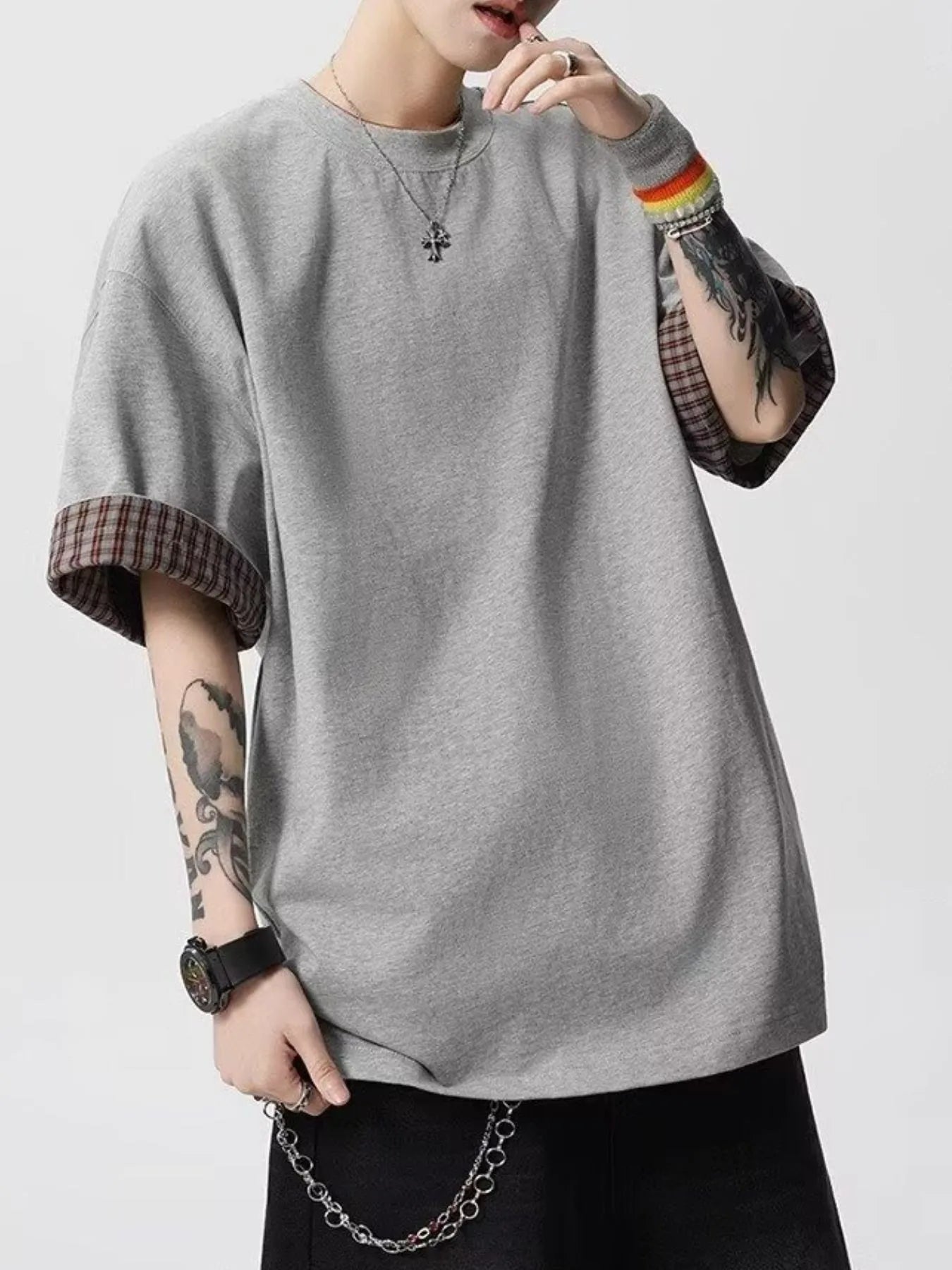 Men's Plaid Trim Round Neck Short Sleeve T-Shirt | Tampa Bay Discounts