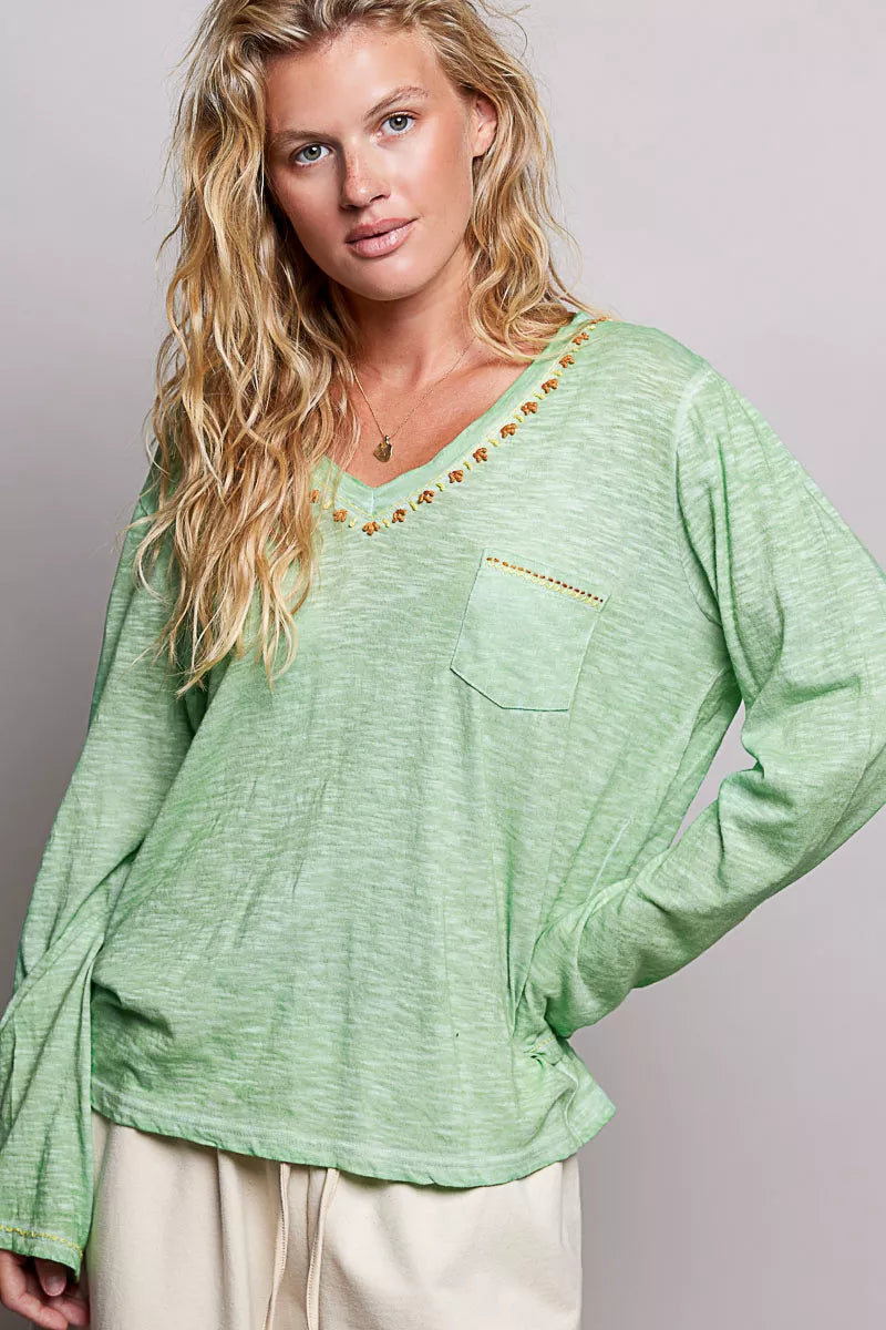 pol-v-neck-contrast-stitch-lightweight-knit-long-sleeve-top image 1