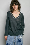 pol-contrast-stitch-v-neck-lightweight-knit-long-sleeve-top image 1