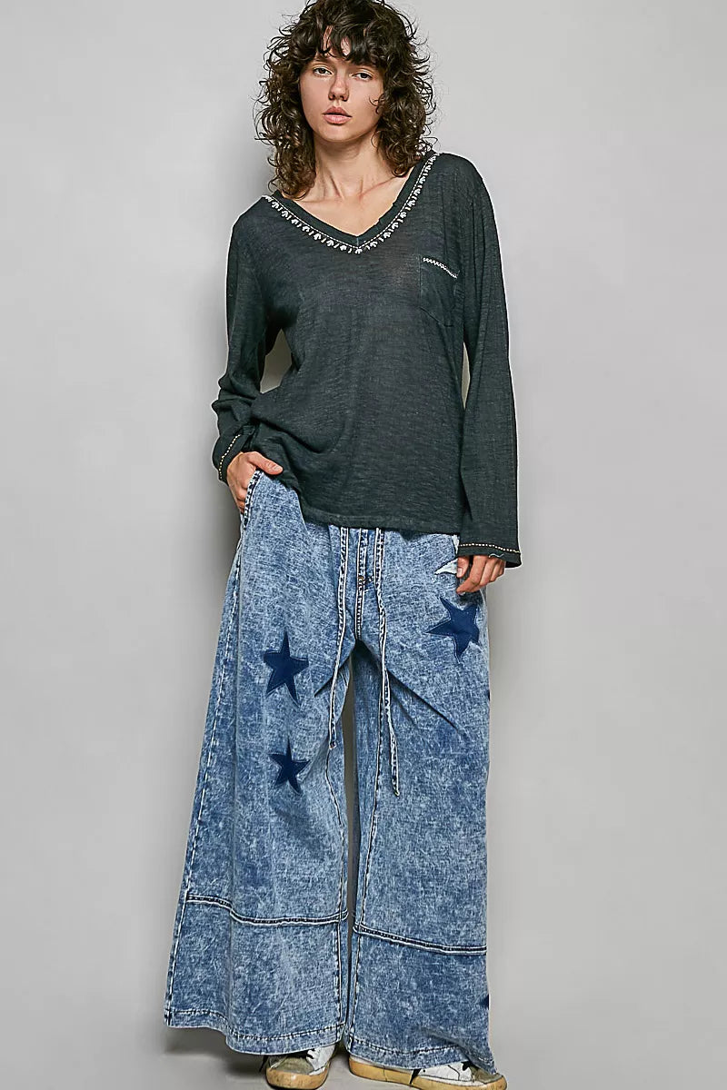 pol-contrast-stitch-v-neck-lightweight-knit-long-sleeve-top image 5