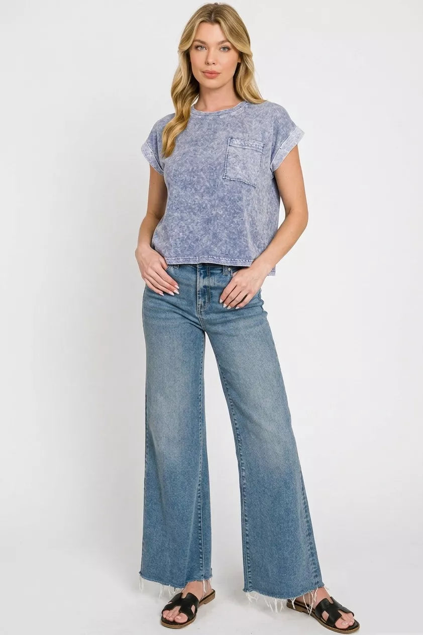 zenana-halo-snow-washed-cotton-cuffed-short-sleeve-top-1 image 3