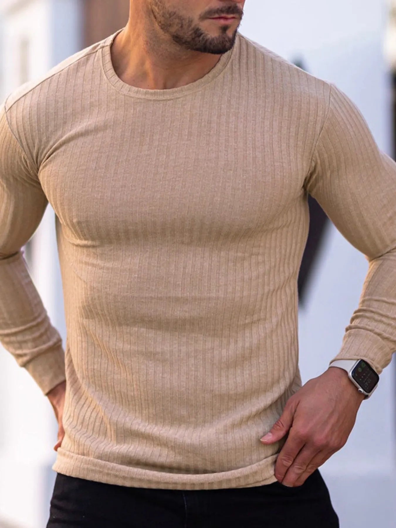 Men's Ribbed Round Neck Long Sleeve T-Shirt | Tampa Bay Discounts