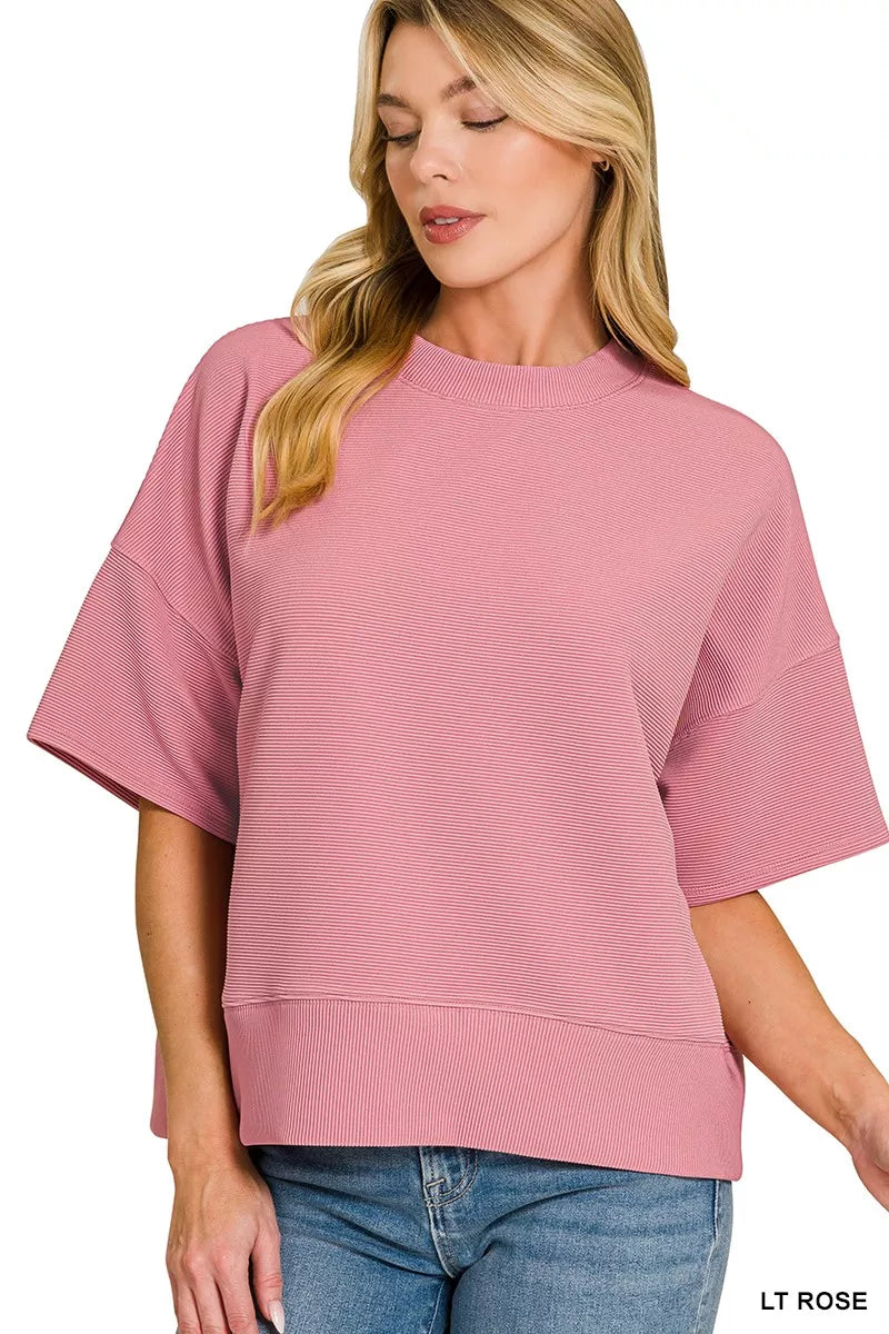 zenana-ribbed-round-neck-waist-banded-t-shirt image 1