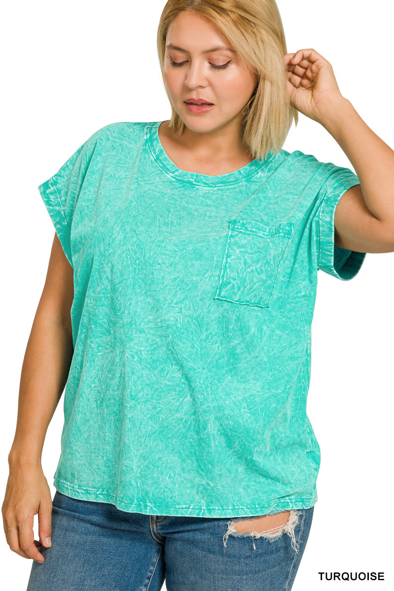 zenana-full-size-crinkle-washed-round-neck-folded-short-sleeve-tee-plus-size image 2