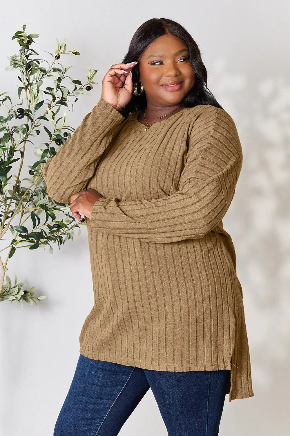 basic-bae-full-size-ribbed-round-neck-long-sleeve-slit-top image 5