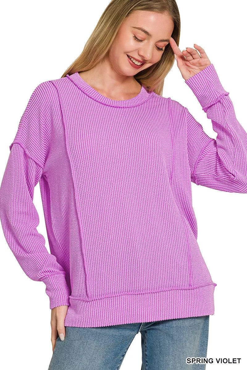 zenana-corded-rib-long-sleeve-round-neck-top-1 image 1