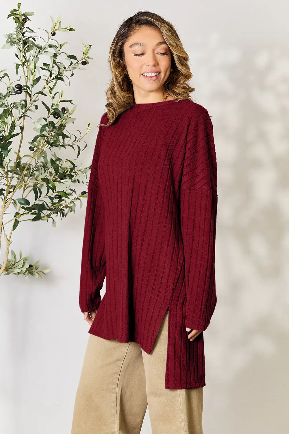 basic-bae-full-size-ribbed-round-neck-long-sleeve-slit-top image 12
