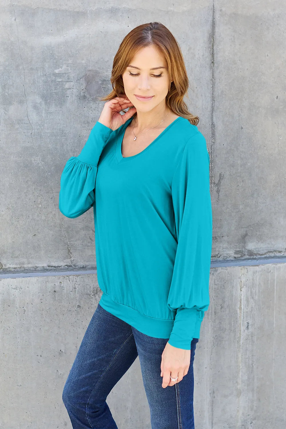 basic-bae-full-size-v-neck-lantern-sleeve-top image 3