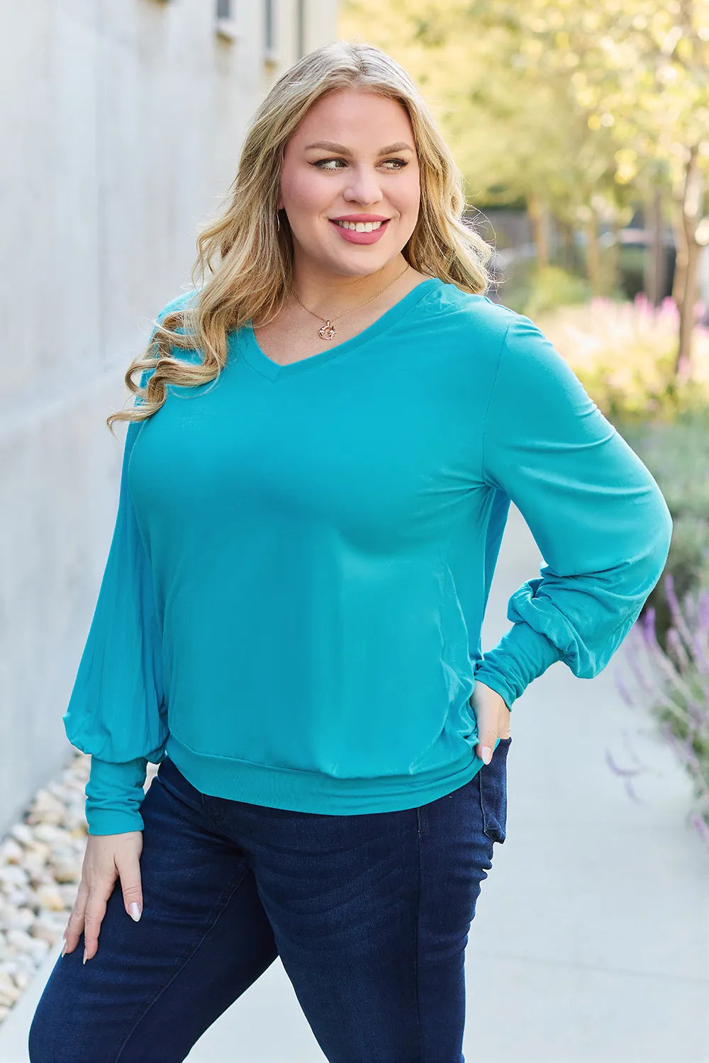 basic-bae-full-size-v-neck-lantern-sleeve-top image 5