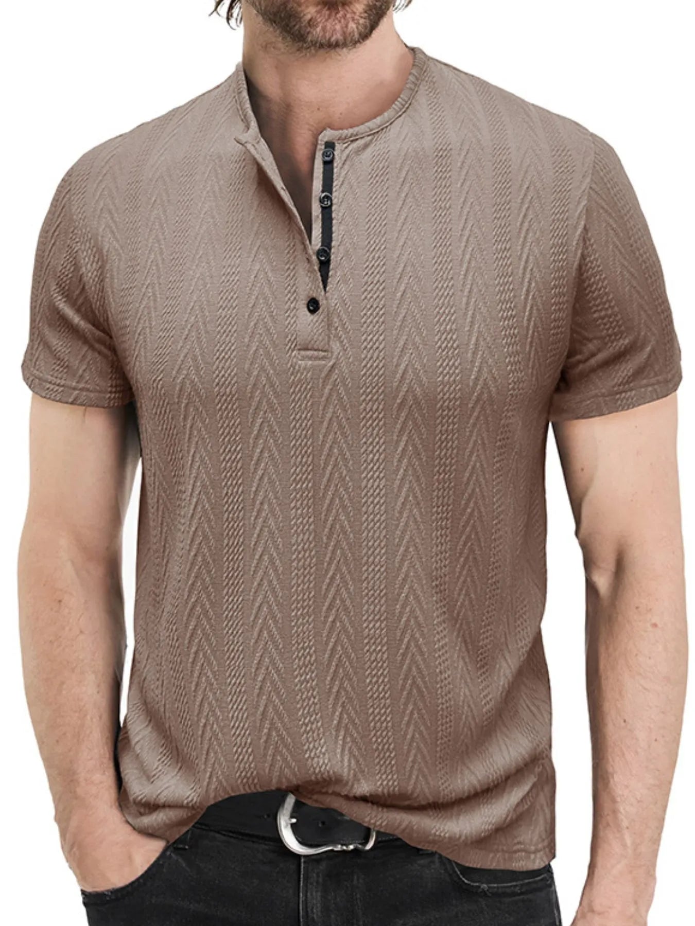 Men's Textured Chevron Pattern Henley Polo Shirt | Tampa Bay Discounts
