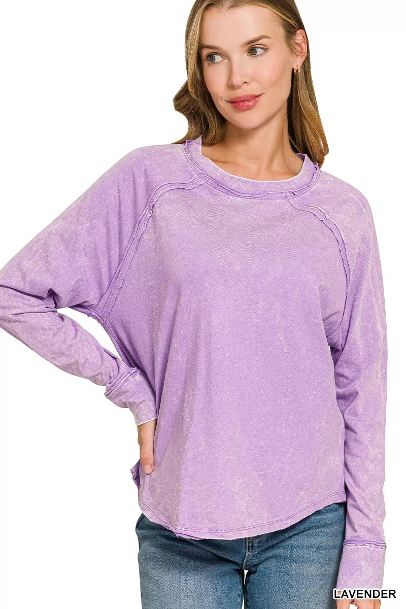 zenana-washed-round-neck-long-sleeve-top image 1