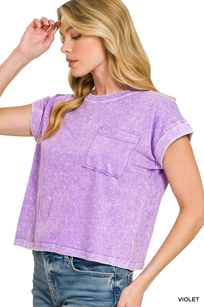 zenana-halo-snow-washed-cotton-cuffed-short-sleeve-top image 2