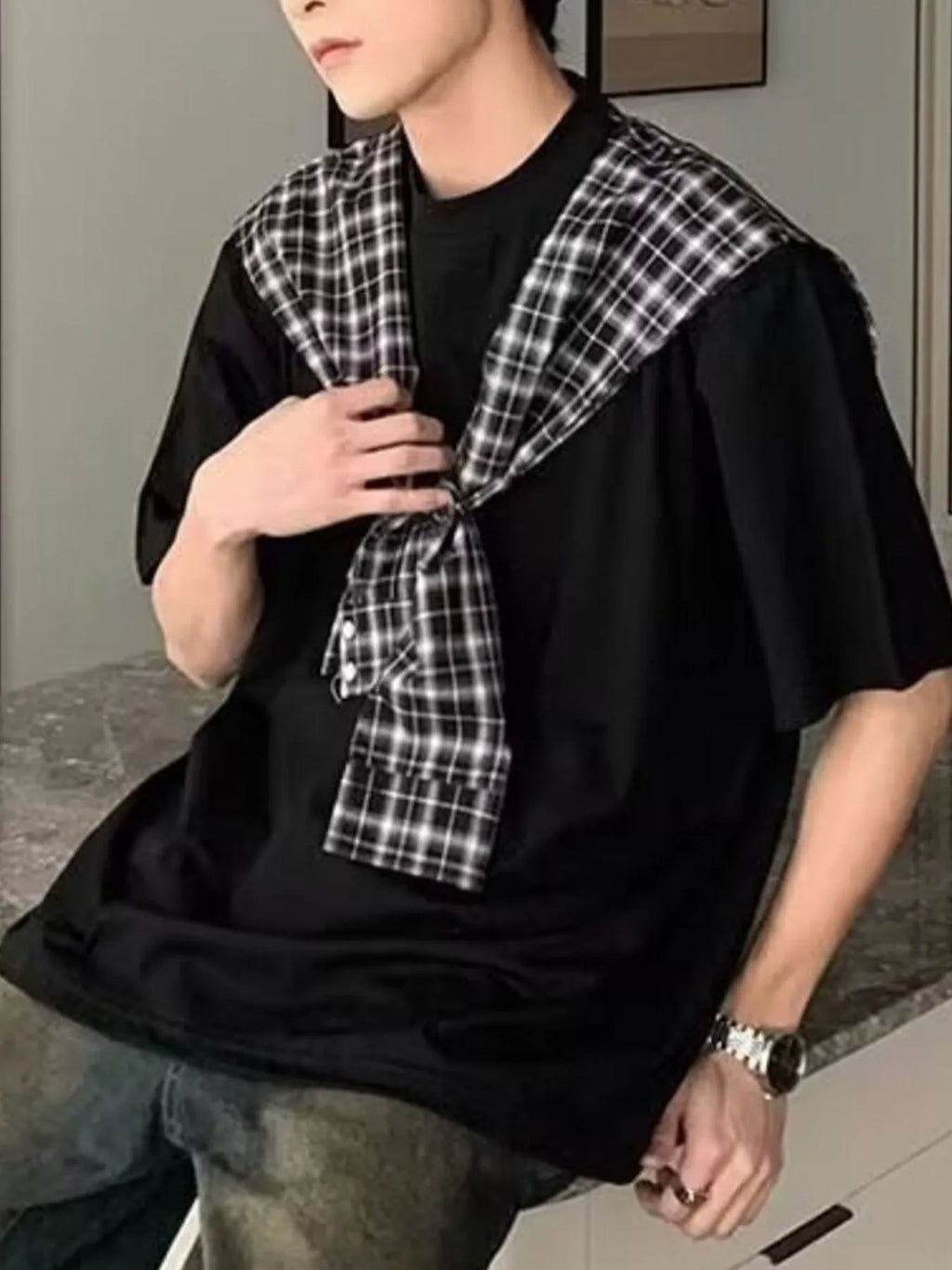 Men's Full Size Oversized T-Shirt with Plaid Shawl Plus Size | Tampa Bay Discounts