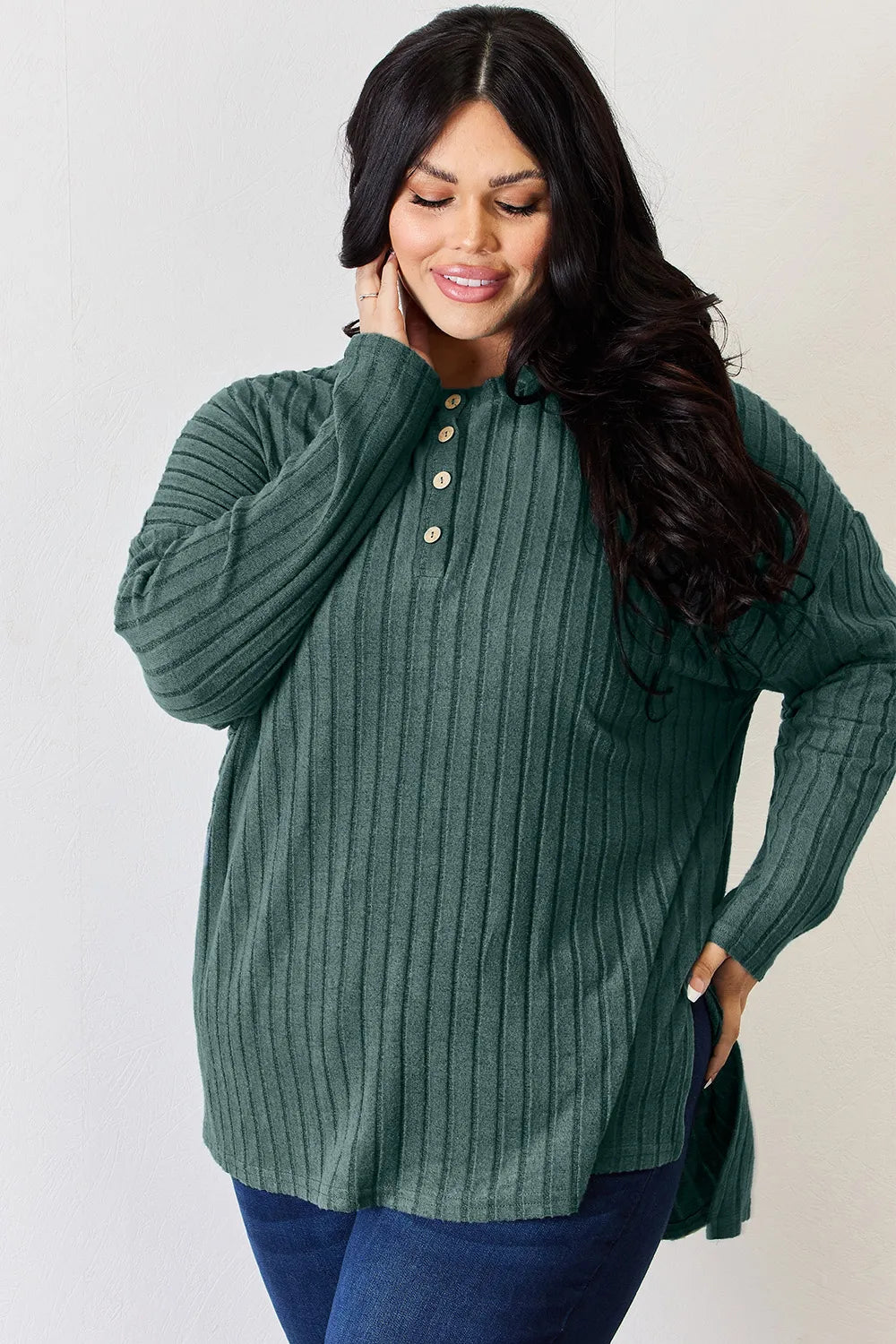 basic-bae-full-size-ribbed-half-button-long-sleeve-high-low-t-shirt image 14