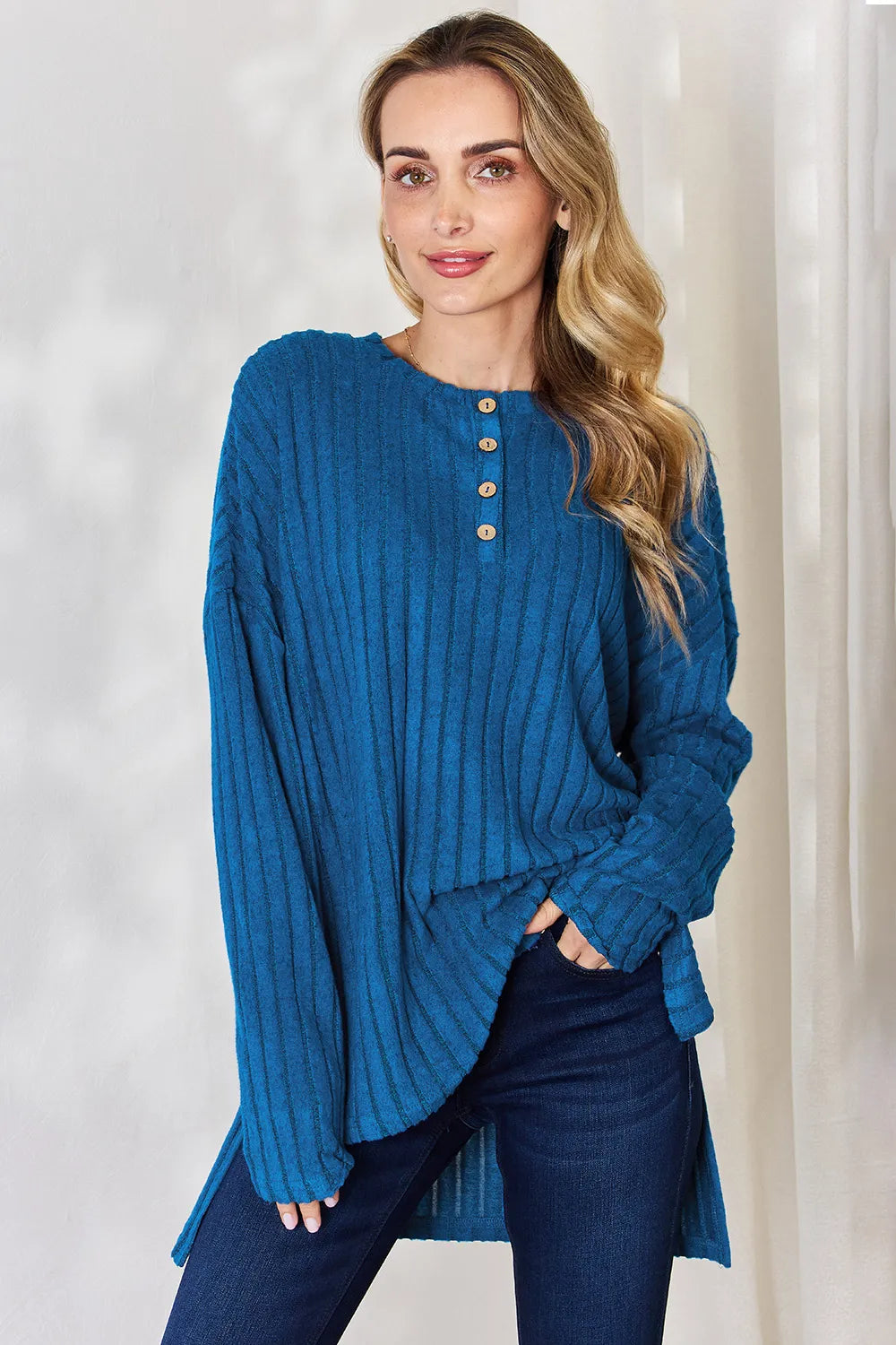 basic-bae-full-size-ribbed-half-button-long-sleeve-high-low-t-shirt image 1