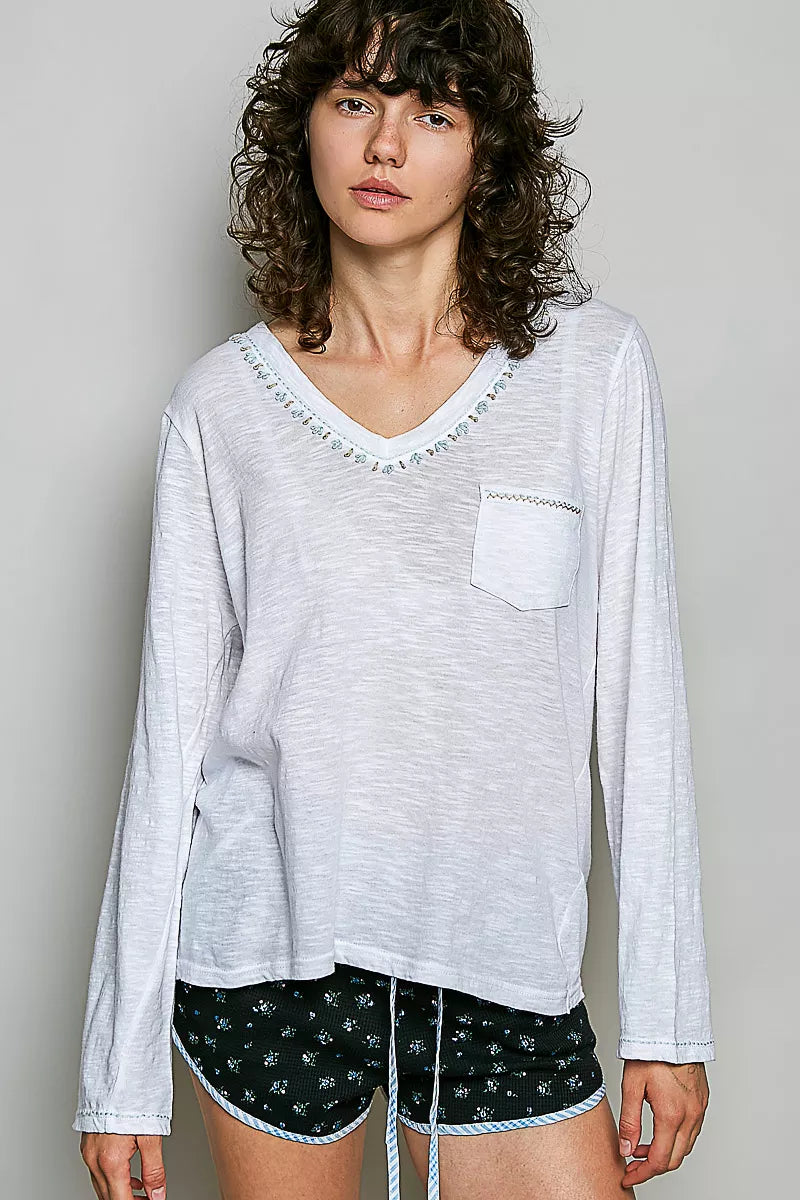 pol-contrast-hand-stitch-v-neck-lightweight-knit-long-sleeve-top image 1