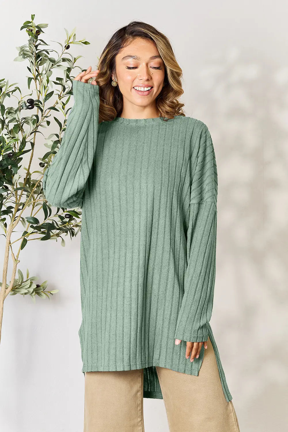 basic-bae-full-size-ribbed-round-neck-long-sleeve-slit-top image 32