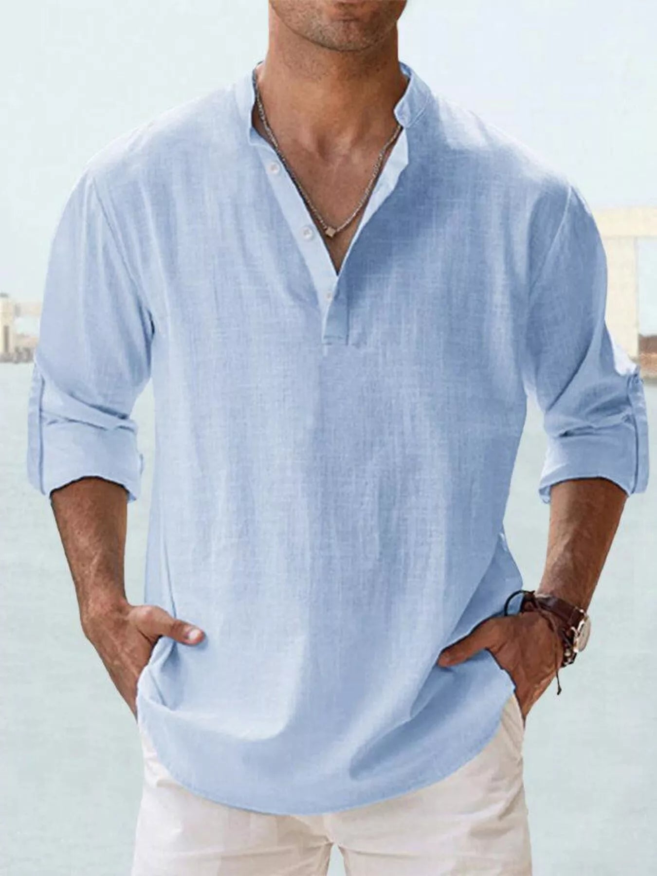 Men's Full Size Casual Button Detail Roll-Up Sleeve Blouse Plus Size | Tampa Bay Discounts