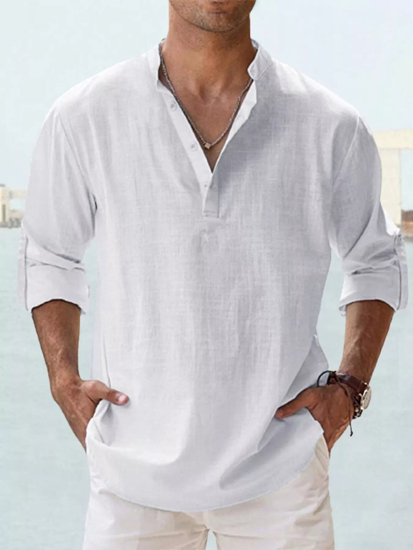 Men's Full Size Casual Button Detail Roll-Up Sleeve Blouse Plus Size | Tampa Bay Discounts